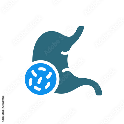 Stomach with bacteria colored icon. Diseased internal organ, Helicobacter pylori, diarrhea, Escherichia coli, salmonella symbol