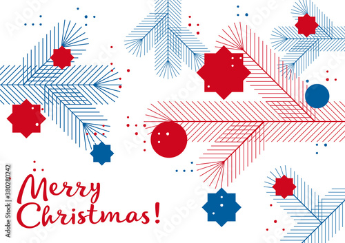 Grafische Weihnachtskarte, Tannenzweige mit Kugeln,  Design, geometrische Formen, deutsch und englisch	