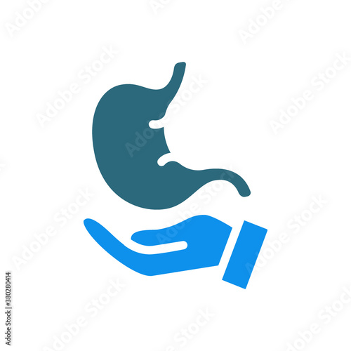 Human stomach on hand colored icon. Care, rescue, treatment, disease prevention symbol