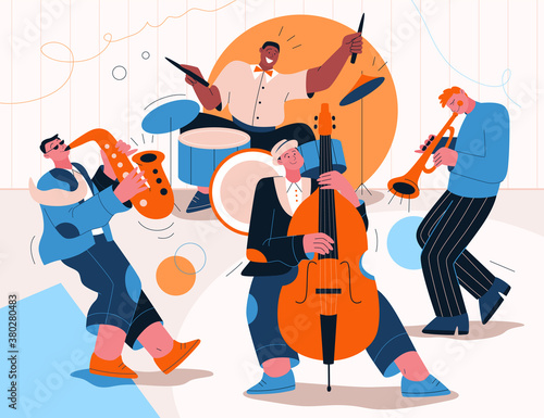 Jazz band playing music at festival, concert or perform on stage
