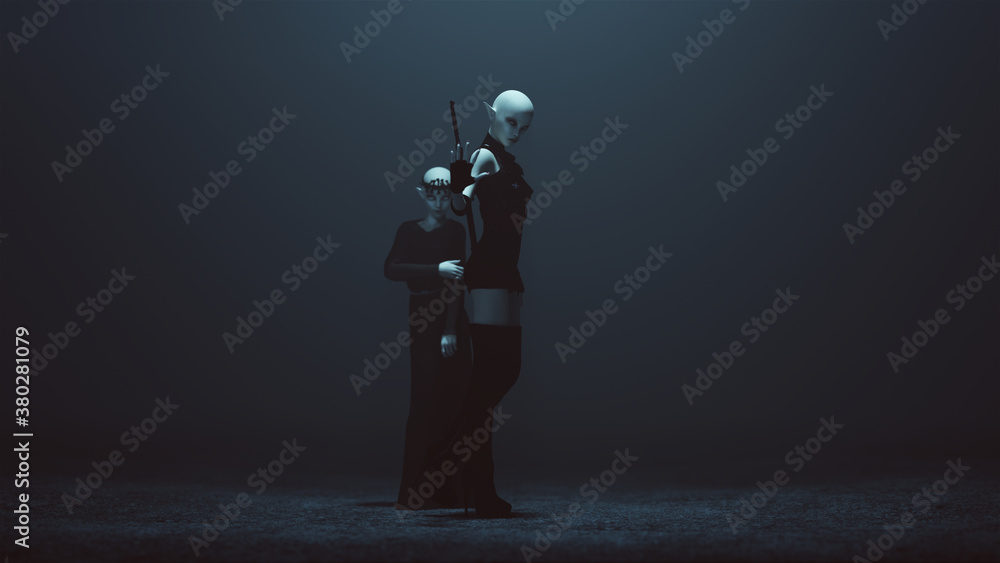 Dark Elf Child Princess with Royal Protector with Hand Out 3d illustration Dark Elf Child Princess with Royal Protector with Hand Out 3d illustration