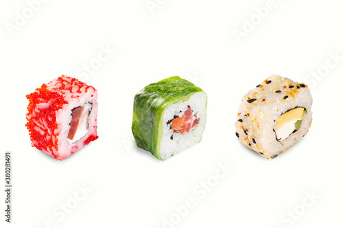 Sushi, rolls, with fillings of cheese, fish, caviar, mango. Japanese food. white background. cut out the outline