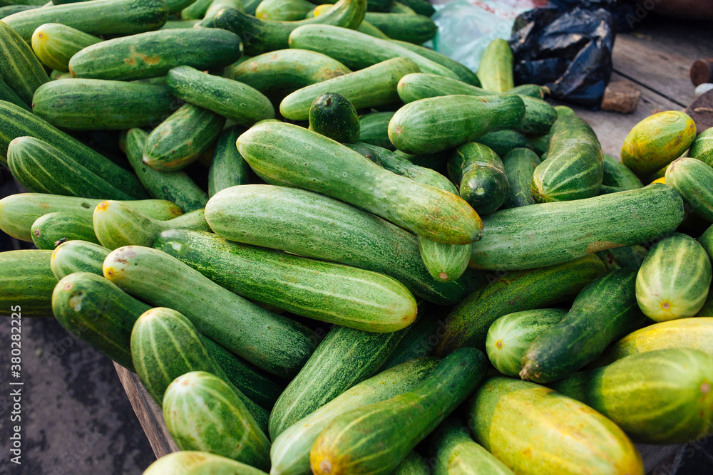 Fresh green cucumbers on sale at a street market in Asia. Fresh green cucumbers on sale at a street market in Asia.