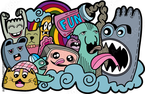 funny monster group behind ,illustration of monsters and cute alien friendly cool cute hand-drawn monsters collection