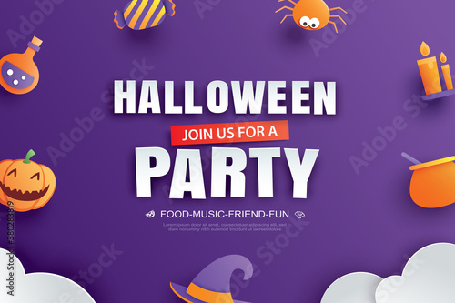 Halloween party invitation with paper art element design for greeting card, banner, poster, invitation.