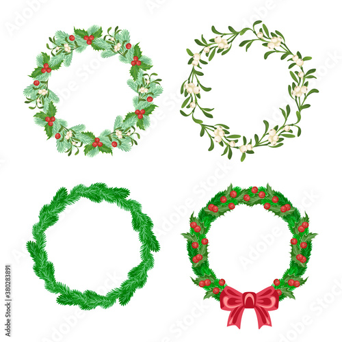 Set of different Christmas wreaths isolated on white. Christmas wreaths made of branches of spruce, fir, mistletoe, holly berry and red bow. Traditional decoration, round frame. Vector illustration