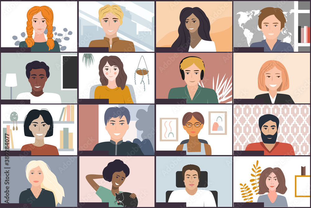 Online students lesson or meeting. Coronavirus quarantine distance education concept. Stay at home vector illustration. Studying pupils or students. Laptop screenshot, Conference video call Online students lesson or meeting. Coronavirus quarantine distance education concept. Stay at home vector illustration. Studying pupils or students. Laptop screenshot, Conference video call