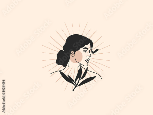 Hand drawn vector abstract stock flat graphic illustration with logo elements ,beauty woman face ,leaves and sun, magic line moon art in simple style for branding ,isolated on white background