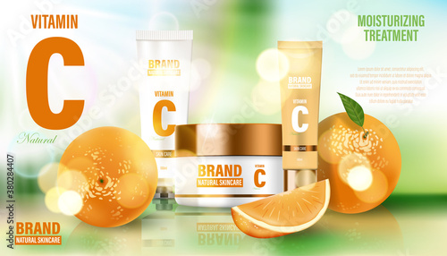 Cosmetic poster ad. Realistic glass jar on bokeh background with oranges and green leaves. Face cream, body wash, lotion, deodorant, cosmetic bottle template. 3d illustration