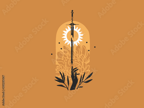 Hand drawn vector abstract stock flat graphic illustration with logo elements ,sword,human hand,flowers and sun, magic line moon art in simple style for branding ,isolated on golden background