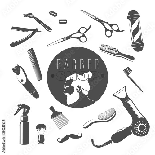 Set of vector elements for the design of the barber shop. Silhouettes of bearded men and barber tools. Isolated over white background.