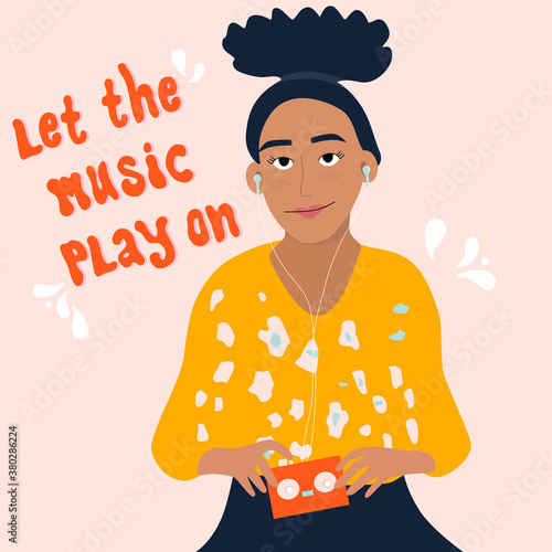 Young woman is listening to music in headphones and enjoy sound.Girl is holding retro audio player with tape inside.Melomaniac,fan,music lover.Poster for jazz club,store,acoustic bar.Handwritten quote