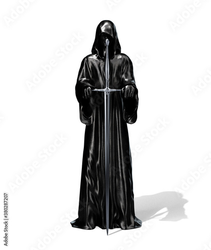 Obraz na plátně Black Cloaked Figure Holding Long Medieval Sword isolated on White Background