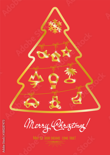 Abstract Christmas card with wishes graphic symbols hanging on christmas tree. Creative congratulation. Holiday background, poster, banner, invitation
