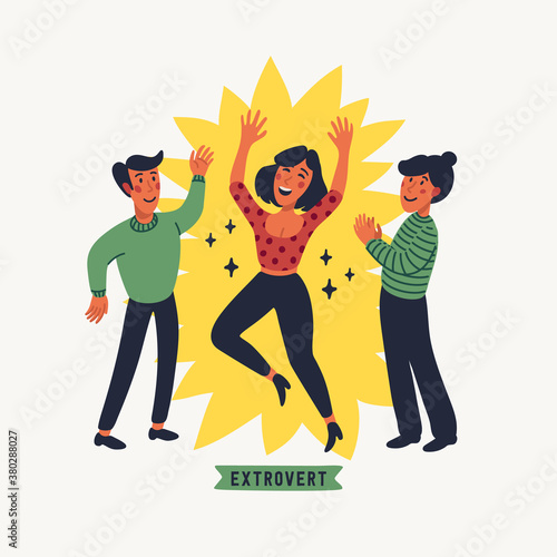 Extrovert. Extraversion and introversion concept - a young happy woman in the spotlight, talking with friend