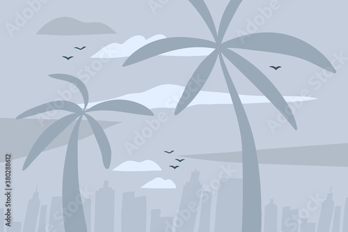 Hand drawn vector abstract stock flat graphic illustration with city urban view scene on the beach and palm trees isolated on blue grey pastel background