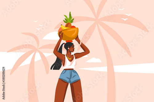 Hand drawn vector abstract stock flat graphic illustration with young ,happy black afro american beauty woman in swimsuit on sundown view scene on the beach isolated on pink pastel background