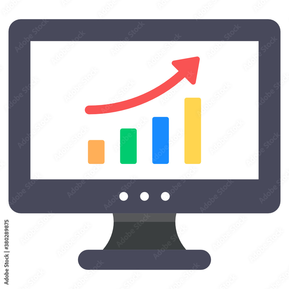 Bar chart with upward arrow inside desktop depicting online data analytics icon
Bar chart with upward arrow inside desktop depicting online data analytics icon