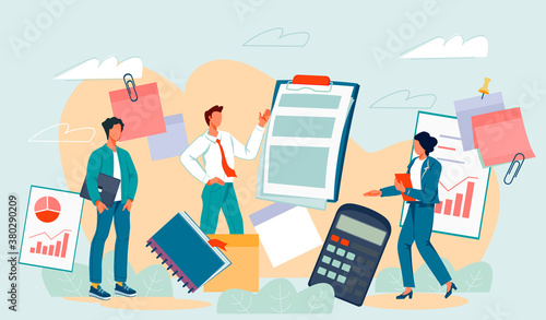 Financial statement and accounting concept with people surrounded with documents. Financial calculation and economic reports, planning and statistics, flat vector illustration.