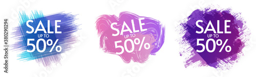 Promotion discount sale up to 50 percentage vector banner set, advertisement announcement label sticker in paint grunge colorful style, special big off offer coupon idea, retail clearance mega deal