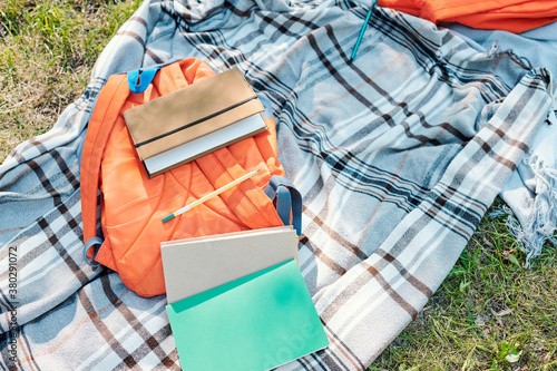 Directly above view of orange satchel and workbooks on gray blanket, picnic after school concept