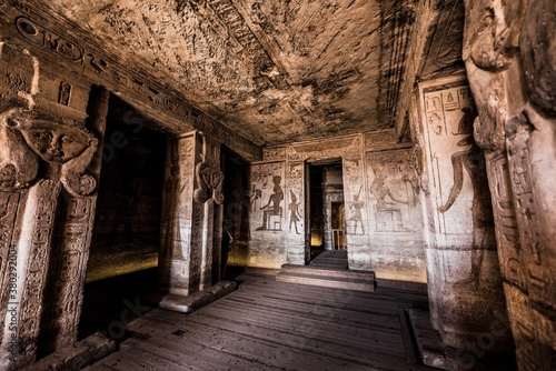 Ancient Egyptian temple built by Ramses II, dedicated to his wife Nefertari, sculpted in the stone of the mountain, in Abu Simbel next to Lake Nasser in Nubia, Egypt, Africa ,nefertari