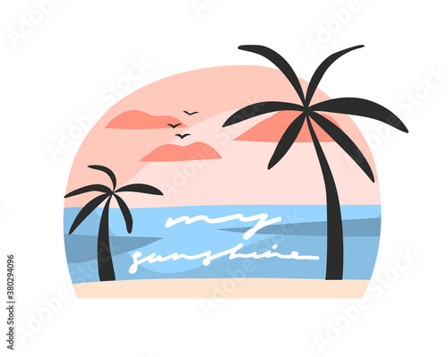 Hand drawn vector abstract stock flat graphic illustration with sundown beach scene and palm trees isolated on white background