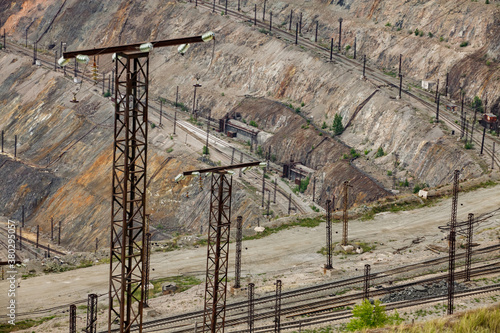 Iron ore quarry in Rudny  Kazakhstan. Open-pit mining raw minerals for steel production. Electric masts and railroad down.