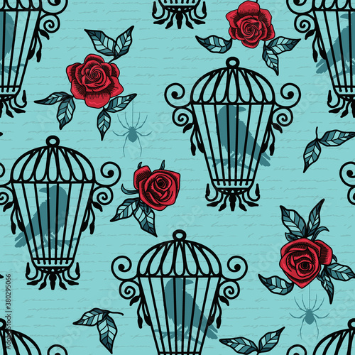 Birdcage Gothic Halloween Vector Seamless Pattern