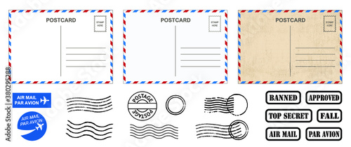 Vector postcard with white paper texture. Old postal card template.. Flat vector travel cards. Postal elements set: empty postcard back, postage stamps and cancel marks imprints. Air mail style photo