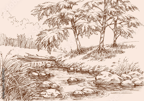 Waterfall on a river in alpine landscape hand drawing