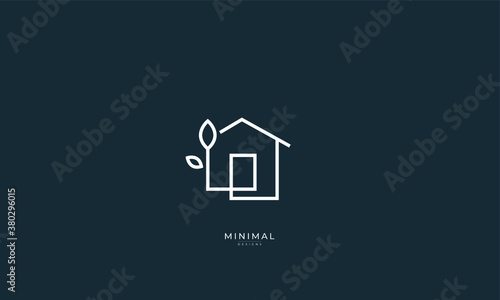 A line art icon logo of a house/home with a leaf/tree