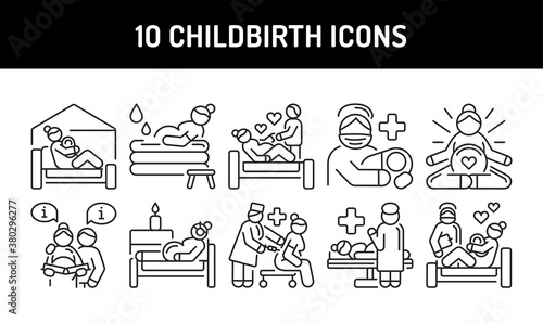 Childbirth black glyph icons set. Pictograms for web, mobile app, promo. UI UX design element.
