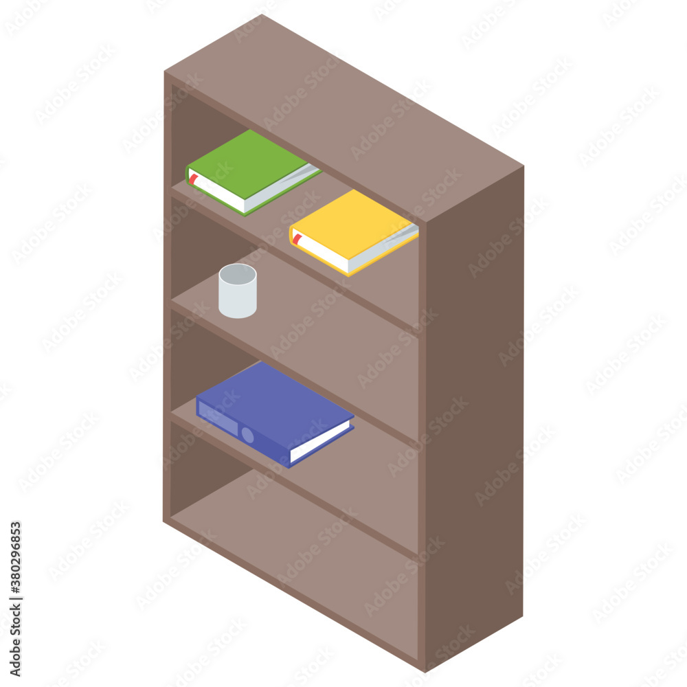 Bookshelf icon in isometric design.
Bookshelf icon in isometric design.