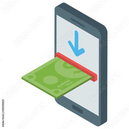 
Mobile with money, online deposit isometric design.
