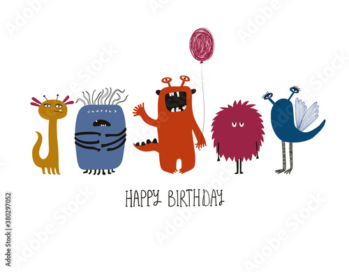 Happy birthday greeting card with spooky monsters
