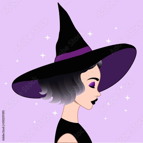 Creative holiday halloween concept vector illustration woman girl witch in hat.