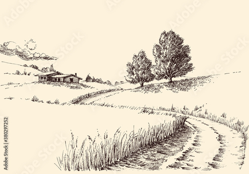 A path to a farm landscape hand drawing © Danussa
