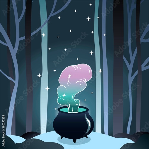 Creative holiday halloween concept vector illustration witch pot boiling crafting magic spells