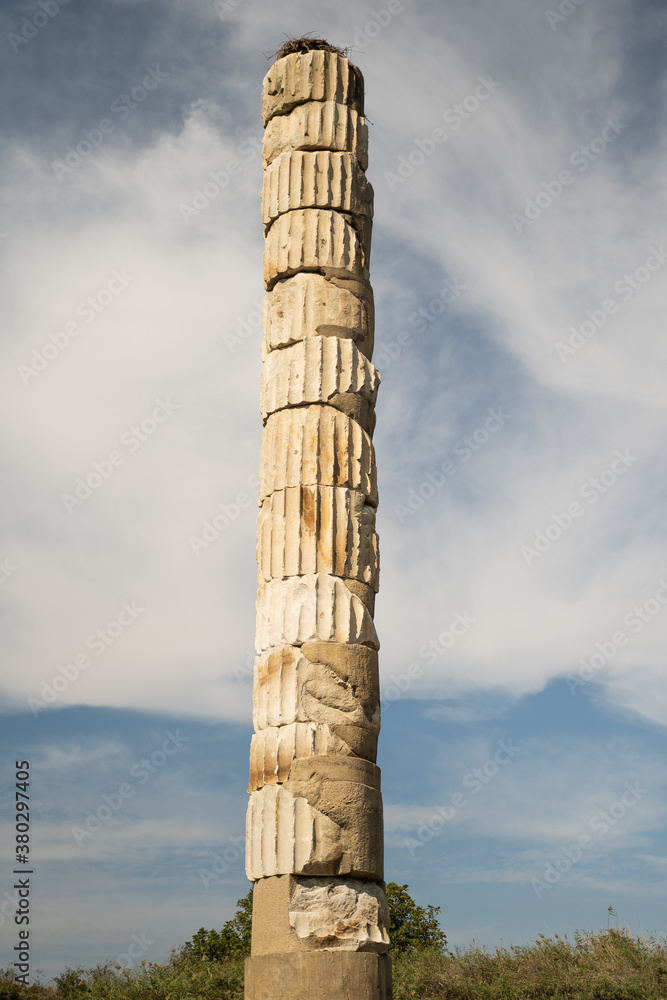 Unique column of the Temple of Artemis. Ruins of one of the seven wonders of the ancient world. Ephesus, Izmir, Turkey