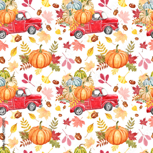 Red pumpkin truck seamless pattern. Watercolor fall repeat print. hand painte...