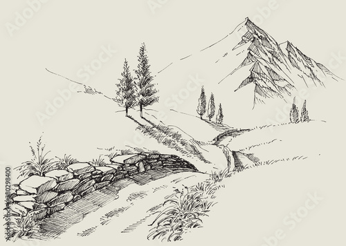 A narrow footpath in the mountains, alpine relaxing landscape hand drawing