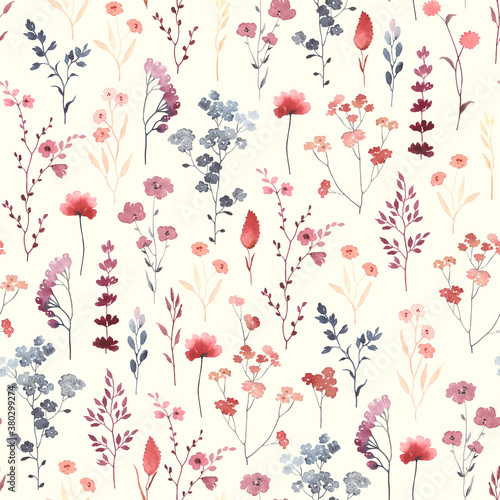 Wildflowers watercolor, seamless pattern with abstract flowers, plant and branches. Colorful meadow, illustration on ivory background. © Nikole