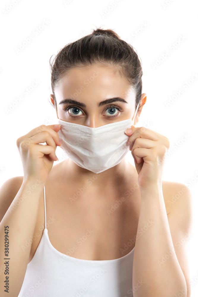Sick beauty white girl with protective mask. Pandemic quarantine corona virus. Illness influenza patient. Anti flu treatment stock photo Sick beauty white girl with protective mask. Pandemic quarantine corona virus. Illness influenza patient. Anti flu treatment stock photo