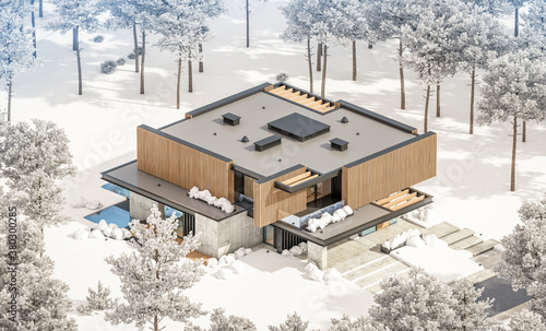 3d rendering of modern cozy house with parking and pool for sale or rent with wood plank facade and beautiful landscaping on background. Cool winter day with shiny white snow.