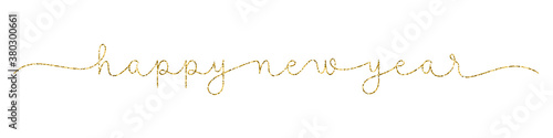 HAPPY NEW YEAR gold glitter vector monoline calligraphy banner with swashes