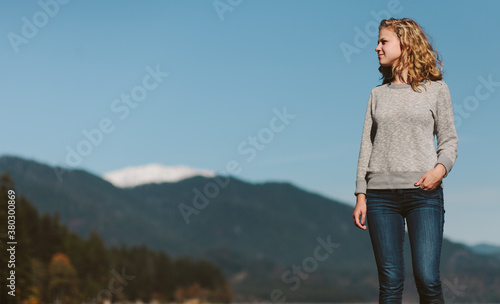 Trendy Girl Among Mountains photo