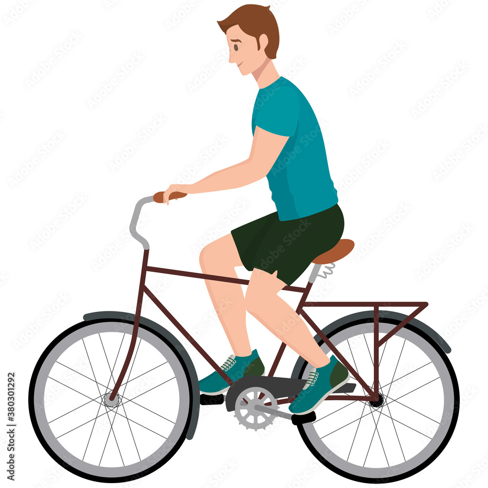 Obraz premium Man riding bicycle. Male character in cartoon style.