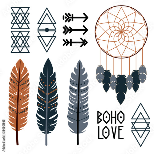 set of vector illustrations in boho style with feathers, dreamcatcher, arrows and ornaments isolated on white background