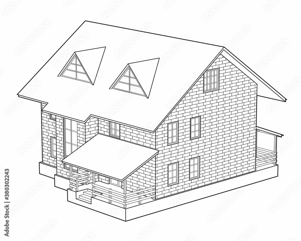 Linear drawn house. The building is made of brick blocks. Vector graphics isolate